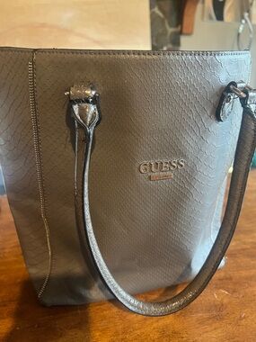 GUESS Taupe Snake-Embossed Tote with silver Logo
